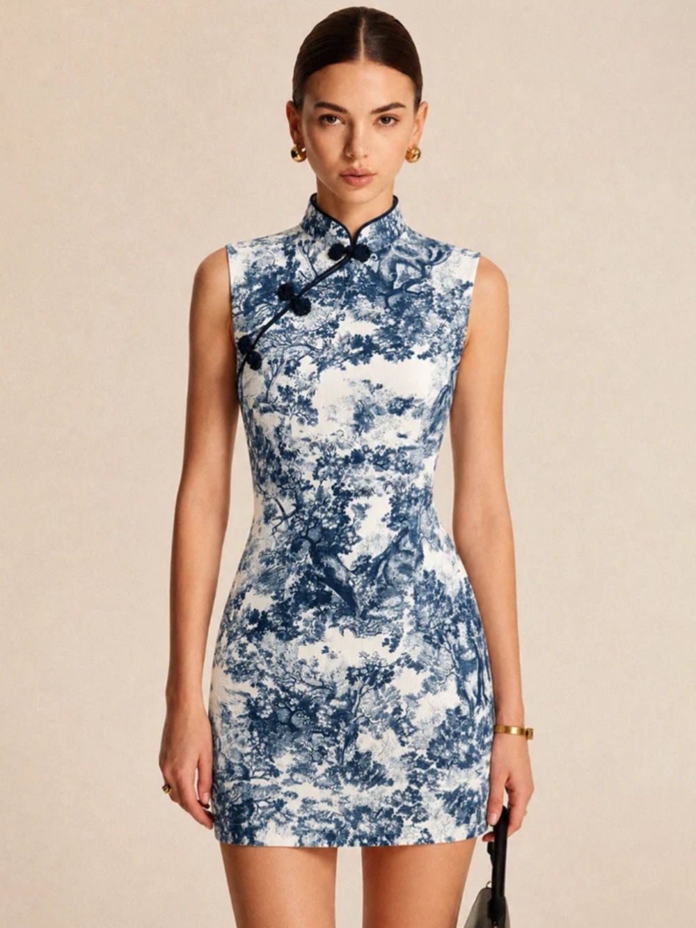 Commense Toile Print Frog Button Asian Inspired Blue Floral Mini Dress NEW Med